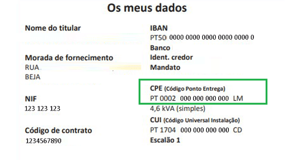 o CPE aparece na primeira página da fatura de luz, normalmente na parte inferior da página onde está a secção de dados pessoais